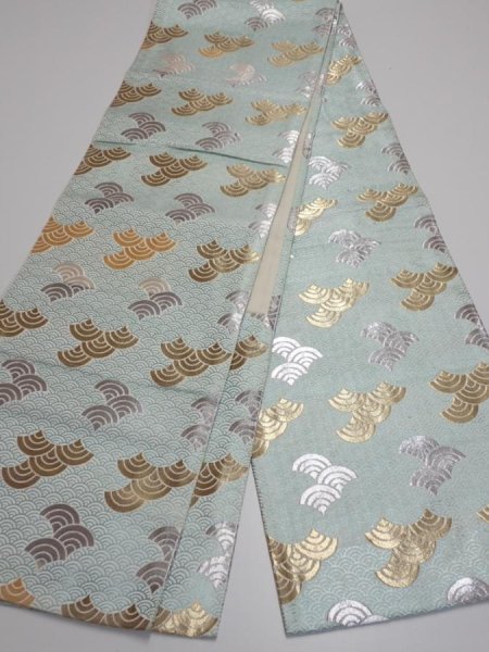 Photo5: 6518i05z1080  Japanese Kimono Silk FUKURO OBI Seigaiha Light blue 160.6x11.8 (5)