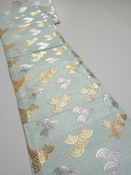 Photo6: 6518i05z1080  Japanese Kimono Silk FUKURO OBI Seigaiha Light blue 160.6x11.8 (6)