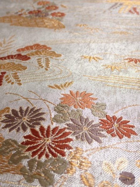 Photo2: 6518i08z600  Japanese Kimono Silk FUKURO OBI Flower Silver 171.7x12.2 (2)