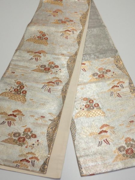 Photo5: 6518i08z600  Japanese Kimono Silk FUKURO OBI Flower Silver 171.7x12.2 (5)