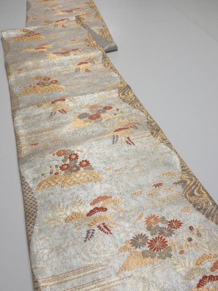 Photo6: 6518i08z600  Japanese Kimono Silk FUKURO OBI Flower Silver 171.7x12.2 (6)