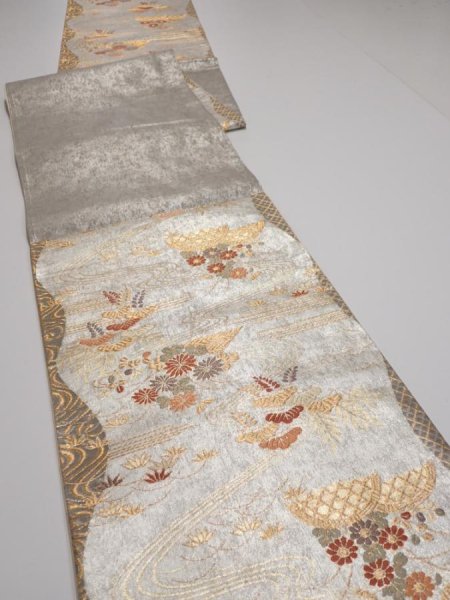 Photo7: 6518i08z600  Japanese Kimono Silk FUKURO OBI Flower Silver 171.7x12.2 (7)