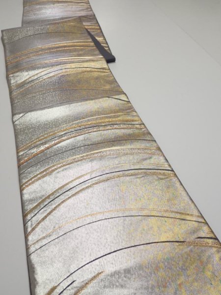 Photo7: 6518i09z820  Japanese Kimono Silk FUKURO OBI  Silver 171.7x12.2 (7)