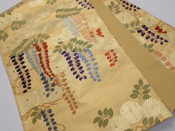 Photo1: 6518i10z1160  Japanese Kimono Silk FUKURO OBI Wisteria Gold 171.7x12.2 (1)