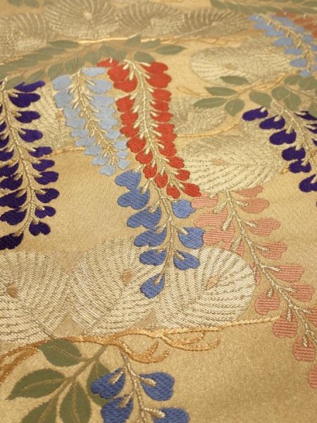 Photo2: 6518i10z1160  Japanese Kimono Silk FUKURO OBI Wisteria Gold 171.7x12.2 (2)