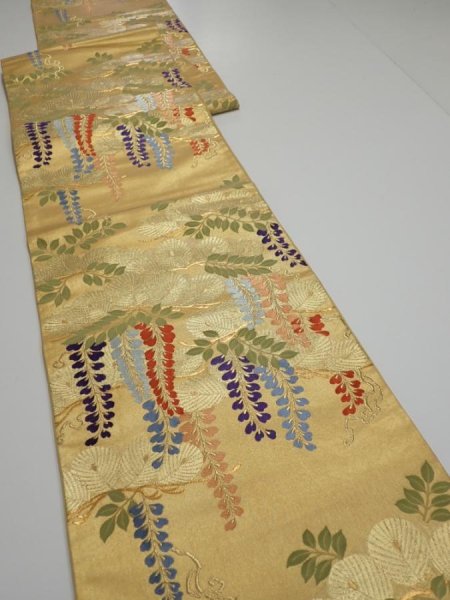 Photo4: 6518i10z1160  Japanese Kimono Silk FUKURO OBI Wisteria Gold 171.7x12.2 (4)