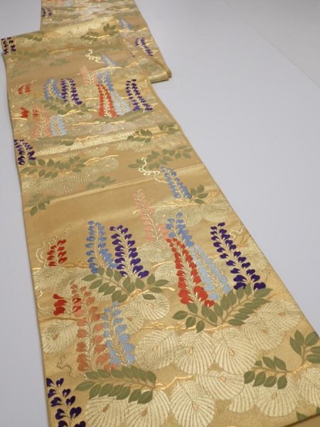 Photo5: 6518i10z1160  Japanese Kimono Silk FUKURO OBI Wisteria Gold 171.7x12.2 (5)