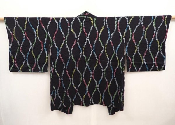 Photo1: 6518T01z600 Vintage Japanese Kimono Silk HAORI Tatewaku Black (1)