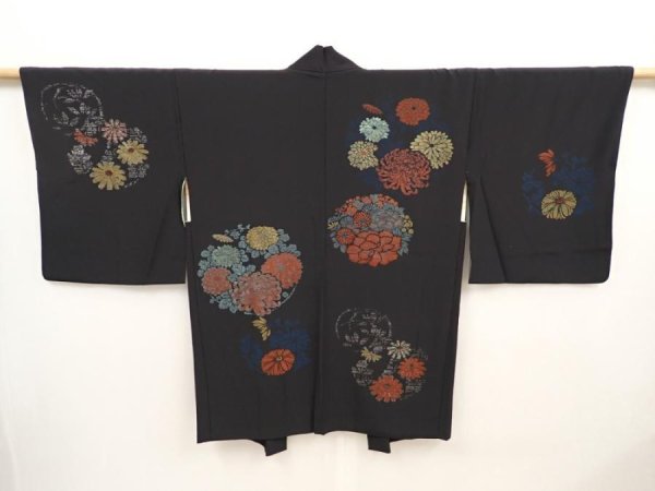 Photo1: 6518T02z540 Vintage Japanese Kimono Silk HAORI Chrysanthemum Black (1)