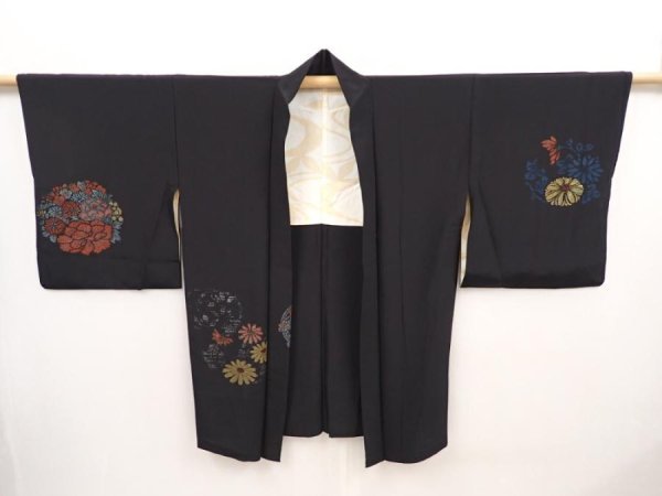 Photo5: 6518T02z540 Vintage Japanese Kimono Silk HAORI Chrysanthemum Black (5)