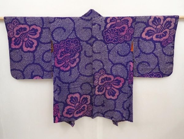 Photo1: 6518T03z370 Antique Japanese Kimono Silk SHIBORI HAORI Camellia 	Dark lavender (1)