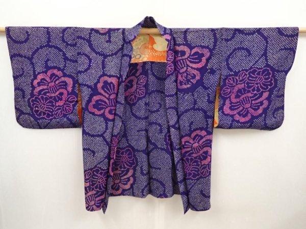 Photo5: 6518T03z370 Antique Japanese Kimono Silk SHIBORI HAORI Camellia 	Dark lavender (5)