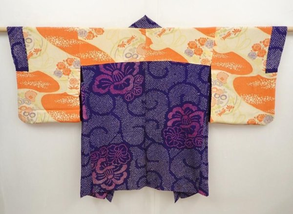 Photo6: 6518T03z370 Antique Japanese Kimono Silk SHIBORI HAORI Camellia 	Dark lavender (6)