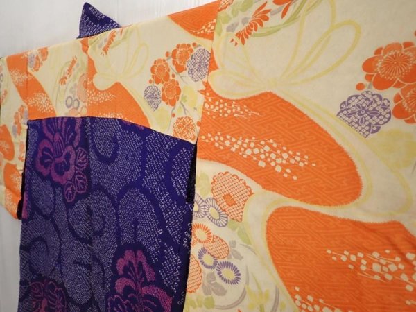 Photo7: 6518T03z370 Antique Japanese Kimono Silk SHIBORI HAORI Camellia 	Dark lavender (7)