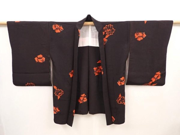 Photo5: 6518T04z630 Vintage Japanese Kimono Silk HAORI Flower Lamp black (5)