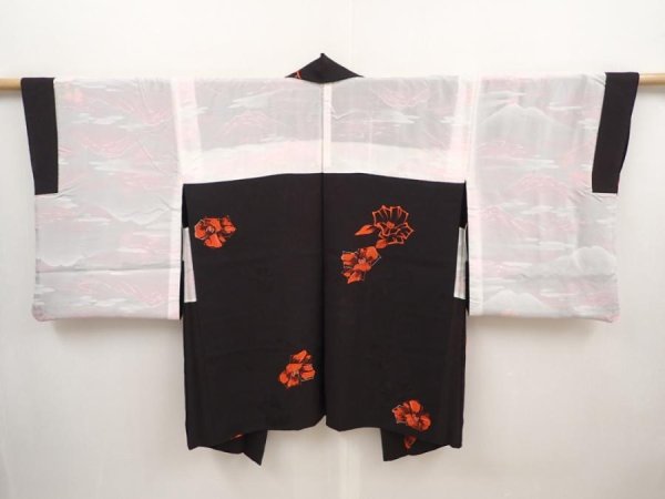 Photo6: 6518T04z630 Vintage Japanese Kimono Silk HAORI Flower Lamp black (6)