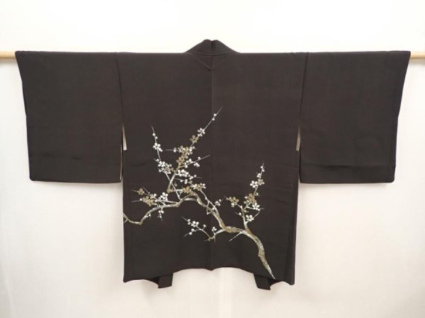 Photo1: 6518T06z620 Vintage Japanese Kimono Silk HAORI Plum blossom Black (1)