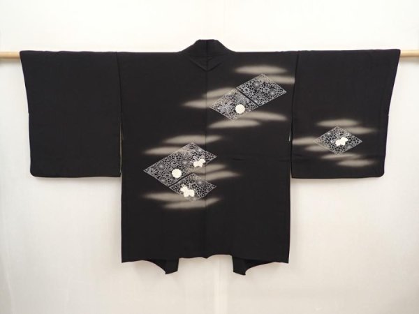 Photo1: 6518T08z550 Vintage Japanese Kimono Silk HAORI Flowers Black (1)
