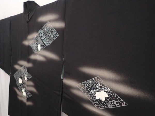 Photo2: 6518T08z550 Vintage Japanese Kimono Silk HAORI Flowers Black (2)
