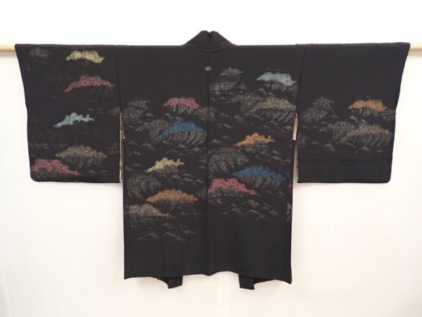 Photo1: 6518T09z620 Vintage Japanese Kimono Silk HAORI Wave Black (1)