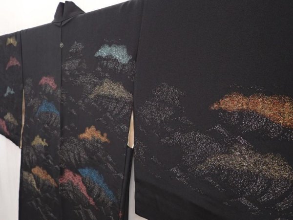 Photo2: 6518T09z620 Vintage Japanese Kimono Silk HAORI Wave Black (2)