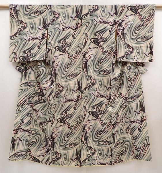 Photo1: 6518T12z680 Vintage Japanese Kimono Silk KOMON Wave Sand beige (1)