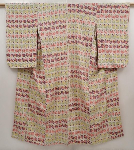 Photo1: 6518T13z940 Vintage Japanese Kimono Silk KOMON Flower Sand beige (1)