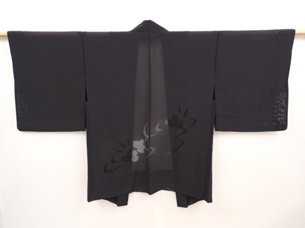 Photo1: 6519T02z320 Vintage Japanese Kimono Silk See through HAORI Flower Black (1)