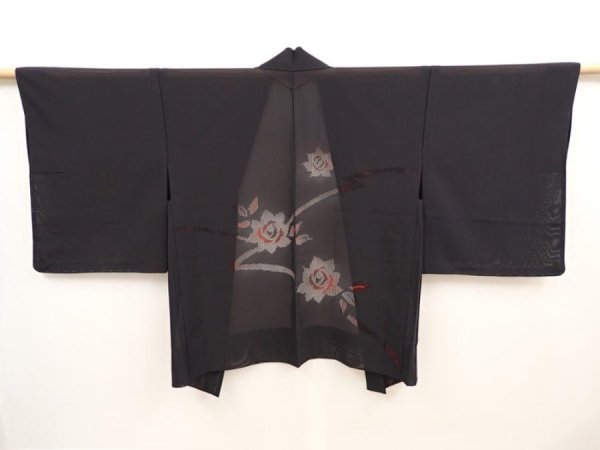 Photo1: 6519T04z280 Vintage Japanese Kimono Silk See through HAORI Rose Black (1)