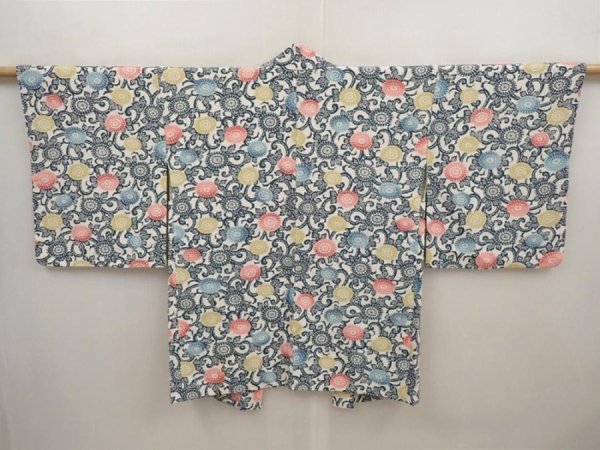 Photo1: 6519T05z570 Vintage Japanese Kimono Silk HAORI Chrysanthemum Blue-Gray (1)