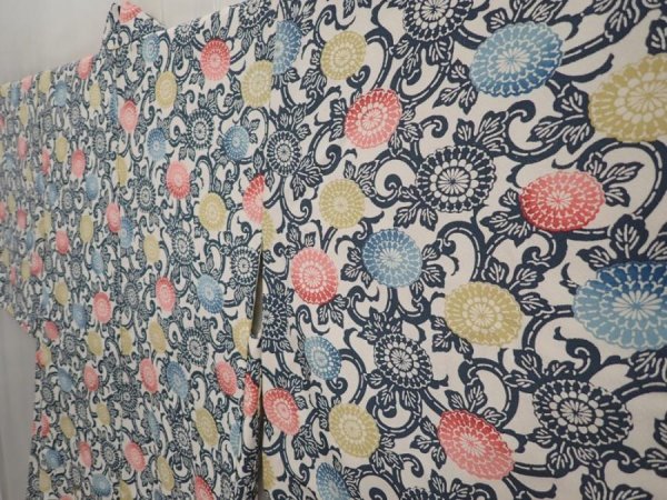 Photo2: 6519T05z570 Vintage Japanese Kimono Silk HAORI Chrysanthemum Blue-Gray (2)