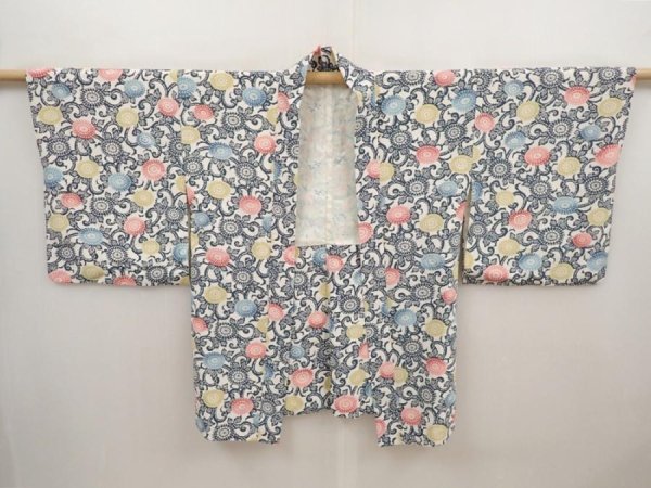 Photo6: 6519T05z570 Vintage Japanese Kimono Silk HAORI Chrysanthemum Blue-Gray (6)