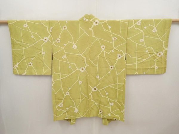 Photo1: 6519T06z560 Vintage Japanese Kimono Silk HAORI Plum blossom Lime green (1)