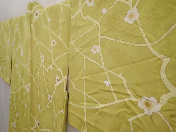 Photo2: 6519T06z560 Vintage Japanese Kimono Silk HAORI Plum blossom Lime green (2)