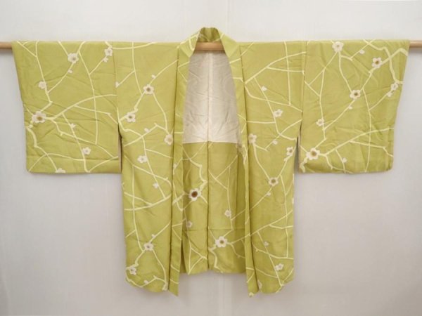 Photo5: 6519T06z560 Vintage Japanese Kimono Silk HAORI Plum blossom Lime green (5)