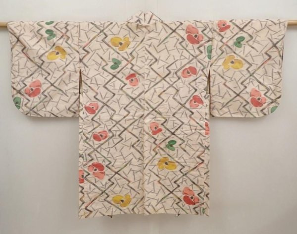 Photo1: 6519T09z470 Vintage Japanese Kimono Silk MEISEN HAORI Flower Light peach (1)