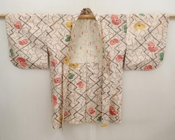 Photo7: 6519T09z470 Vintage Japanese Kimono Silk MEISEN HAORI Flower Light peach (7)