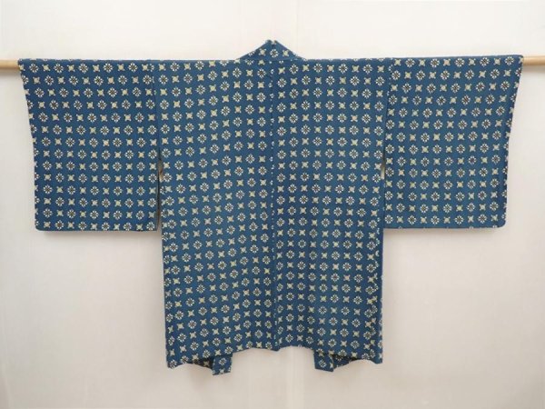 Photo1: 6519T10z550 Vintage Japanese Kimono Silk HAORI Flowers Dark cyan blue (1)
