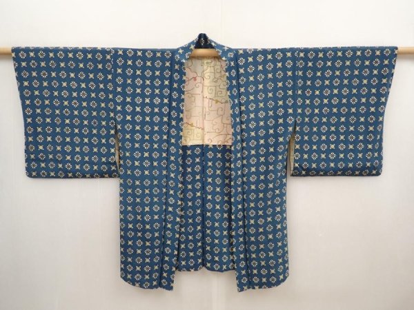 Photo5: 6519T10z550 Vintage Japanese Kimono Silk HAORI Flowers Dark cyan blue (5)
