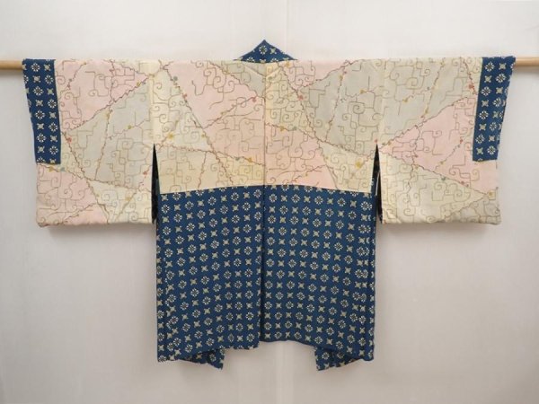 Photo6: 6519T10z550 Vintage Japanese Kimono Silk HAORI Flowers Dark cyan blue (6)