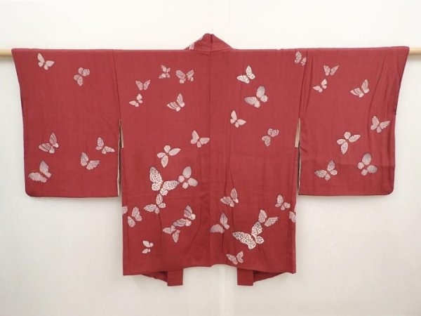 Photo1: 6519T11z420 Vintage Japanese Kimono Silk HAORI Butterfly Wine red (1)