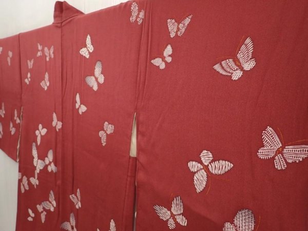Photo2: 6519T11z420 Vintage Japanese Kimono Silk HAORI Butterfly Wine red (2)
