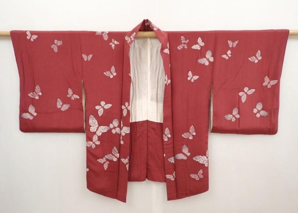 Photo5: 6519T11z420 Vintage Japanese Kimono Silk HAORI Butterfly Wine red (5)