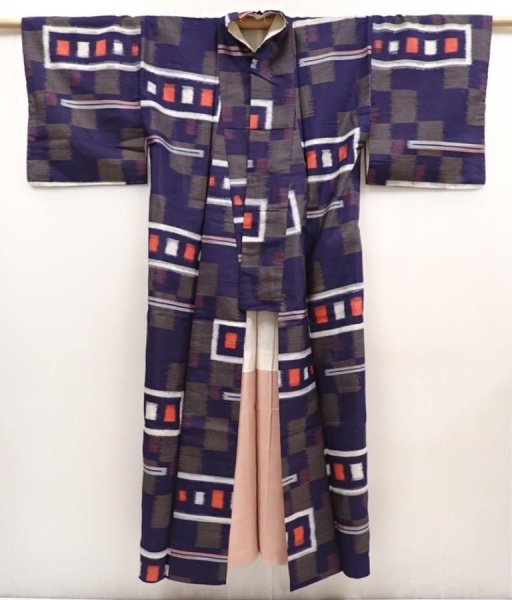 Photo8: 6519T12z570 Vintage Japanese Kimono Silk MEISEN KOMON  Dark navy (8)