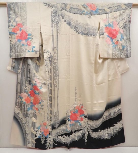 Photo1: 6519T13z960 Vintage Japanese Kimono Silk TSUKESAGE Flowers Off-white (1)