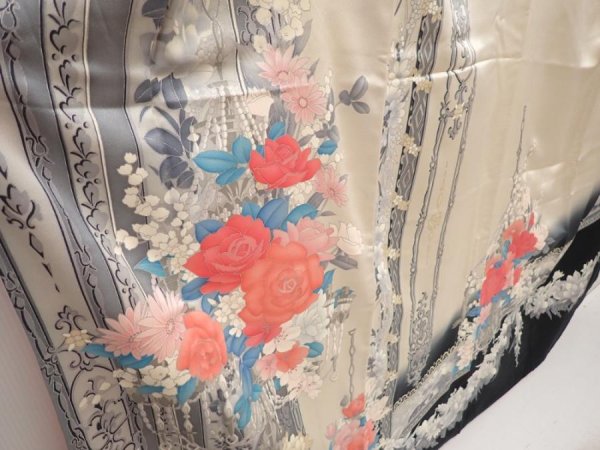 Photo3: 6519T13z960 Vintage Japanese Kimono Silk TSUKESAGE Flowers Off-white (3)