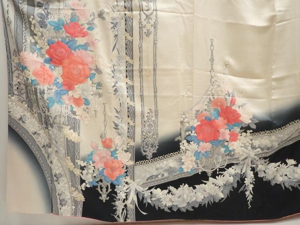 Photo5: 6519T13z960 Vintage Japanese Kimono Silk TSUKESAGE Flowers Off-white (5)
