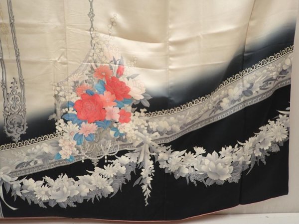 Photo7: 6519T13z960 Vintage Japanese Kimono Silk TSUKESAGE Flowers Off-white (7)