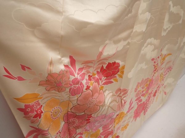 Photo3: 6519T14z840 Vintage Japanese Kimono Silk TSUKESAGE Flowers Off-white (3)