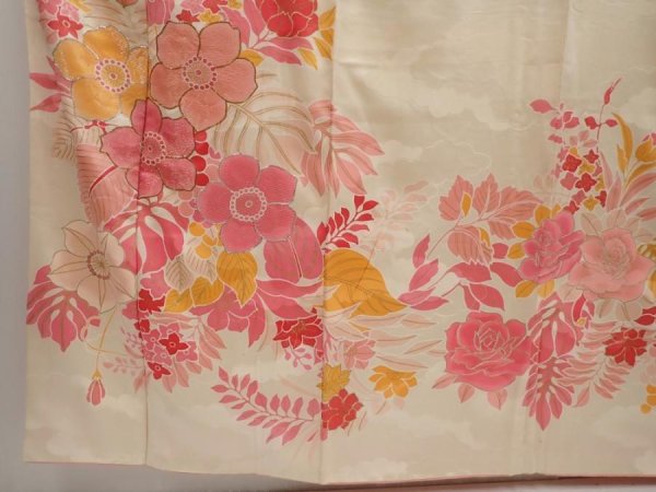 Photo6: 6519T14z840 Vintage Japanese Kimono Silk TSUKESAGE Flowers Off-white (6)